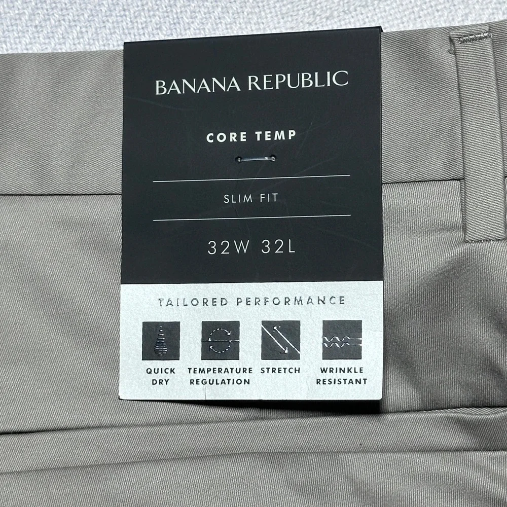 NEW Banana Republic Core Temp Chinos Mens 32x32 Slim Fit Smoked Taupe Tan Pants